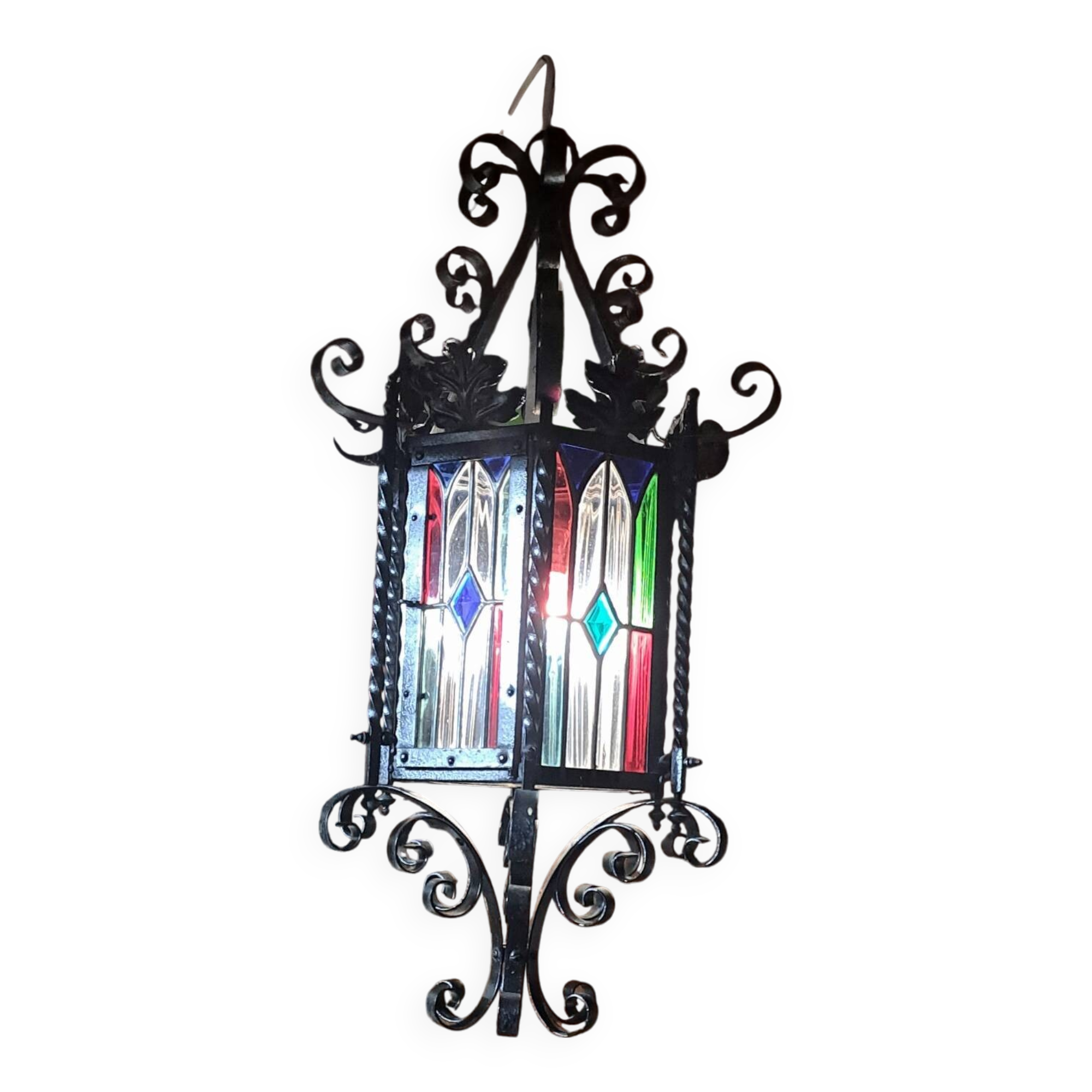Wrought iron lantern with colored stained glass