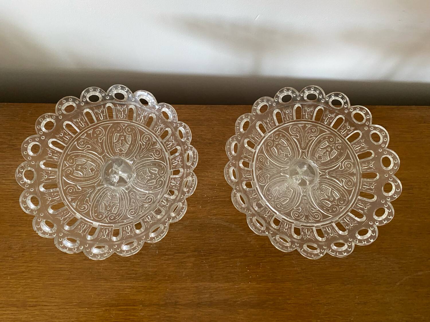 Antique pair of crystal cup drageoirs with tripod fish foot, 19th century vintage