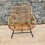 Rattan armchair and black metal base 1960