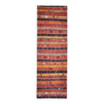 1970s Vintage Turkish Oushak Handmade Wool Cotton Red Runner Rug 124x382