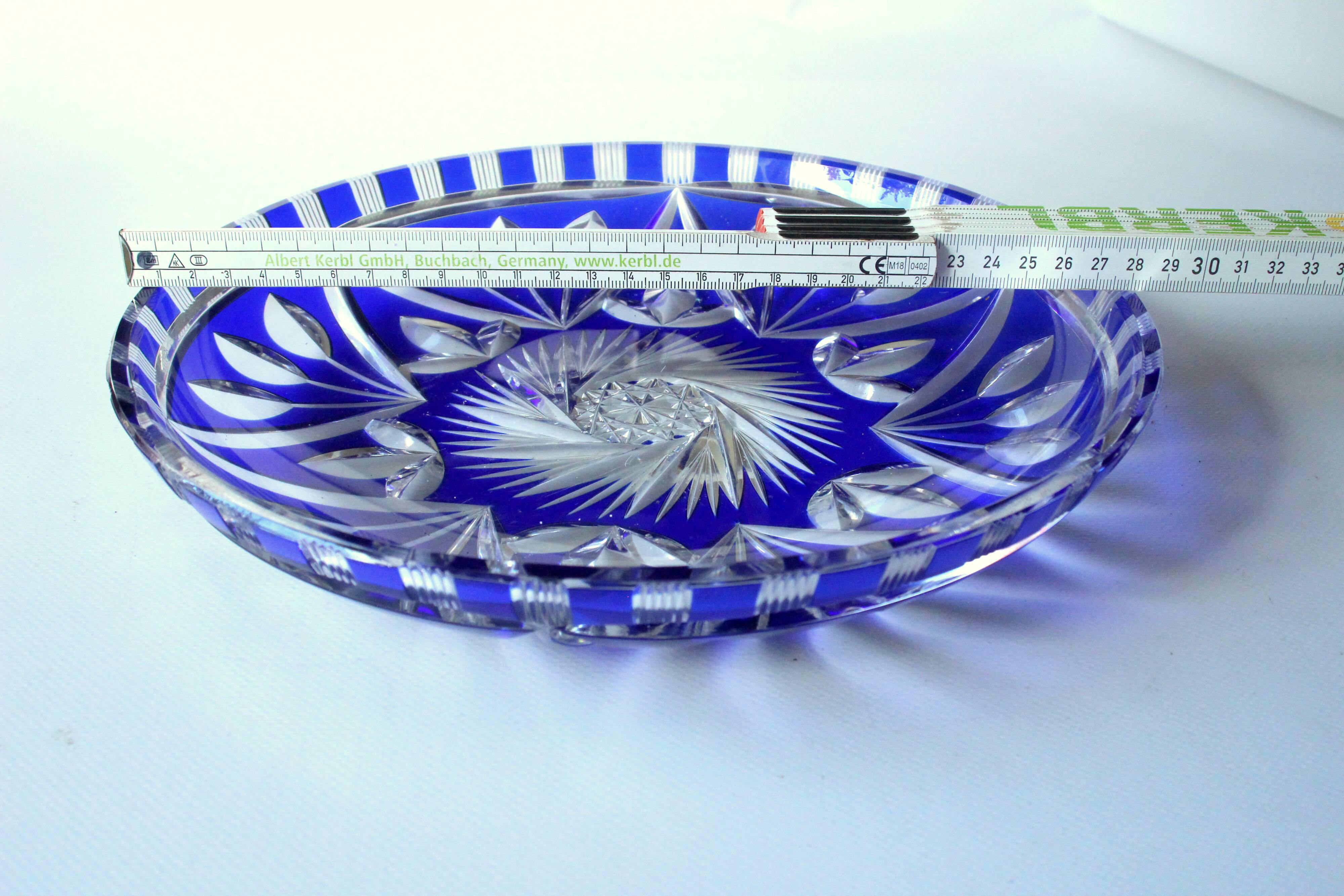 Bohemian crystal glass bowl - cobalt blue  hand cut to clear engraved glass