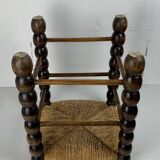 Brutalist wood turned bobbin rush stool in the style of Charles Dudouyt