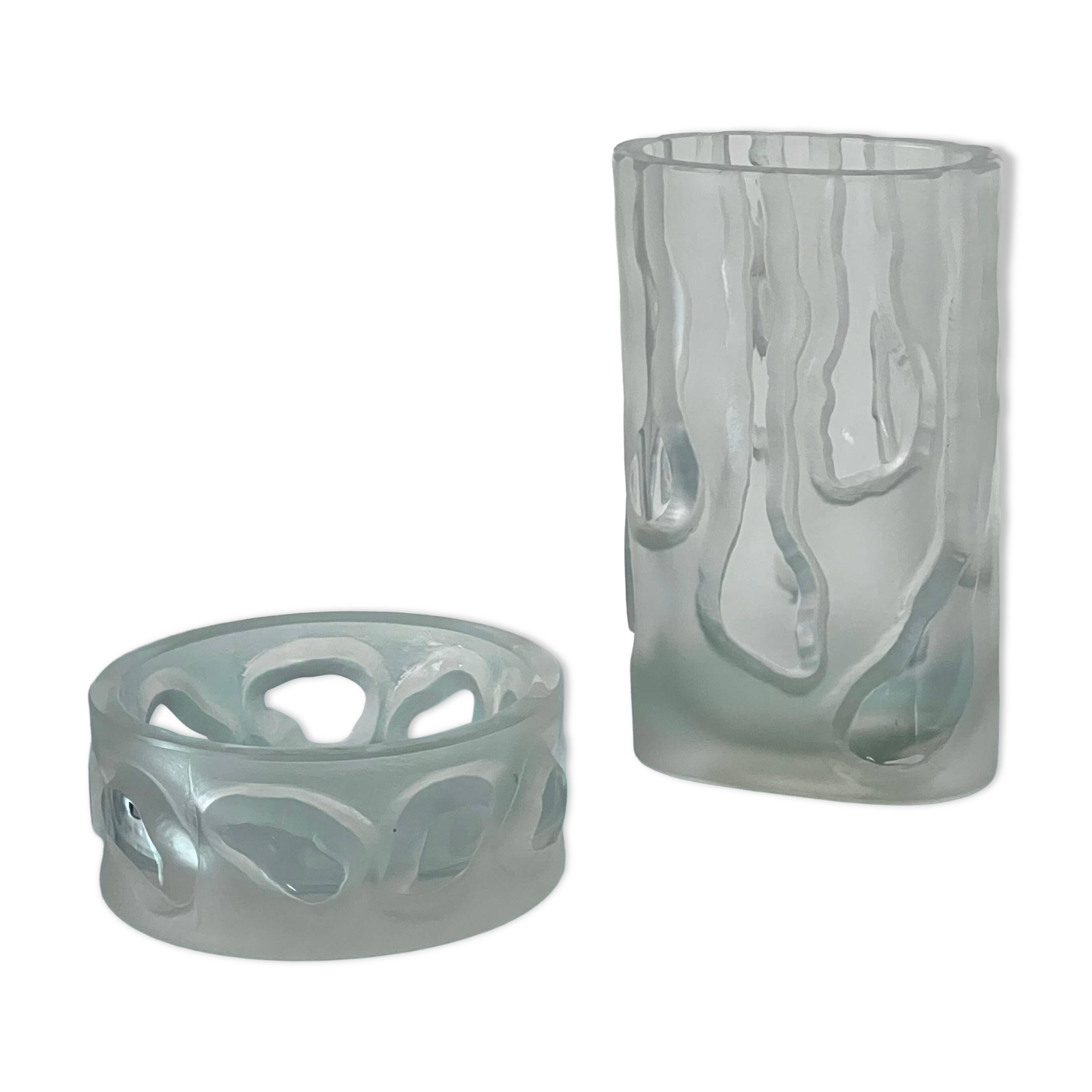 Decorative Organic Glass Vases, set of two engraved sculptural pieces, vintage