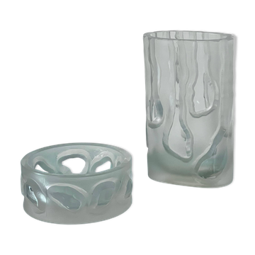 Decorative Organic Glass Vases, set of two engraved sculptural pieces, vintage