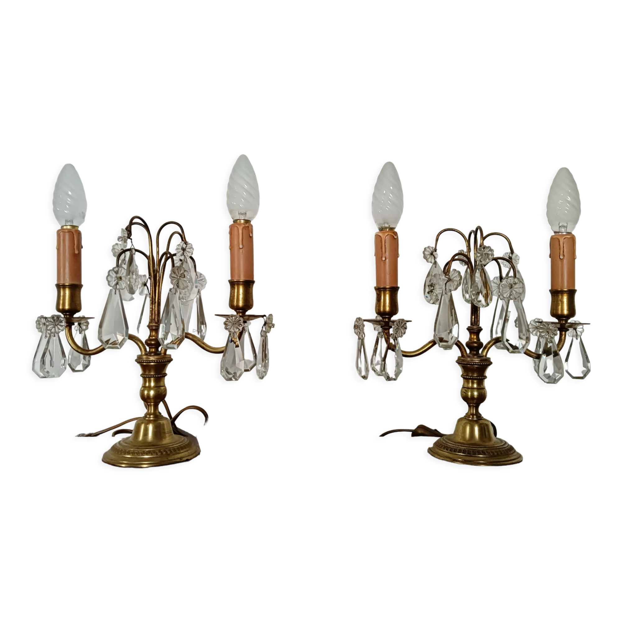 Pair of bronze girandoles with crystal pendants, two arms of lights.