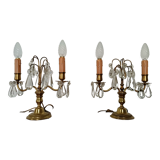 Pair of bronze girandoles with crystal pendants, two arms of lights.