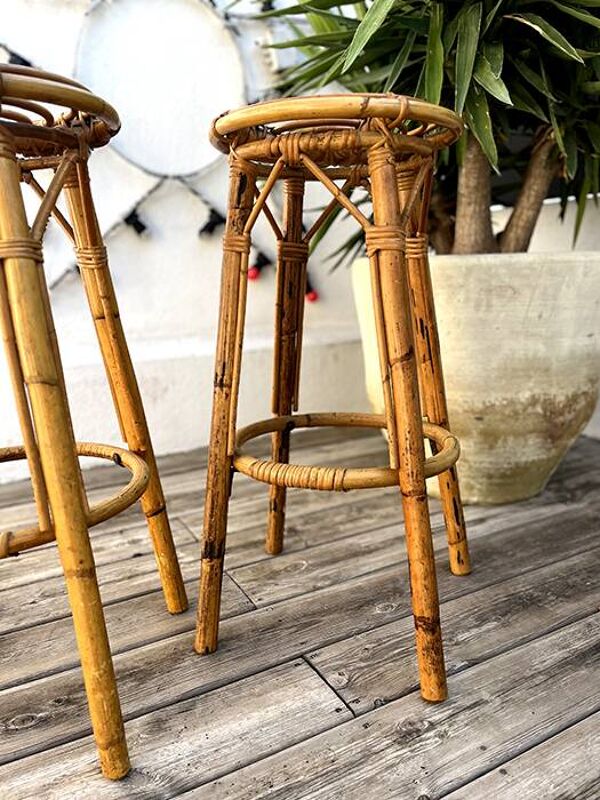 Paire de tabouret en bambou et rotin