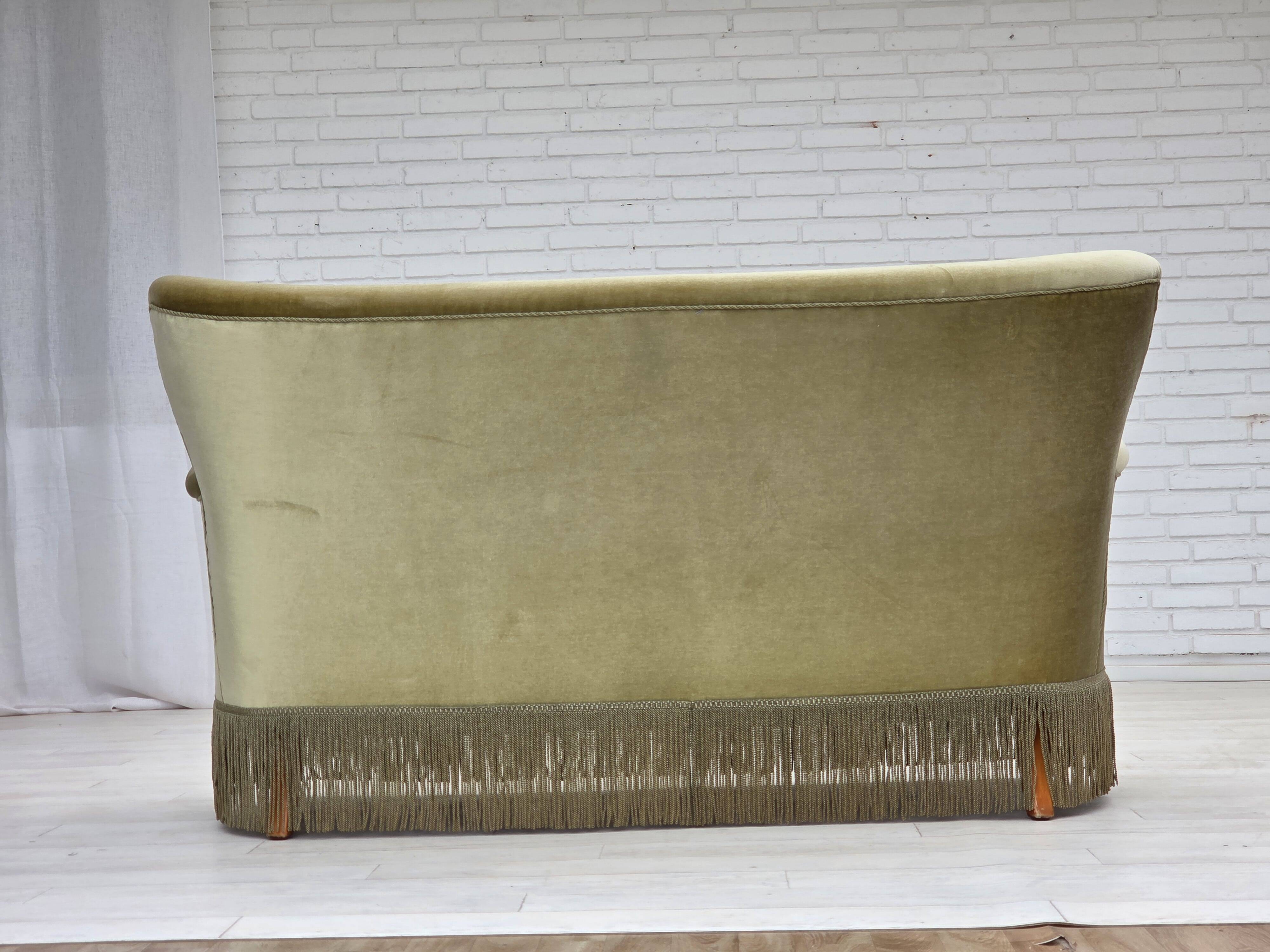 1960s, Danish 2-seater sofa, green furniture velour, beech wood legs.