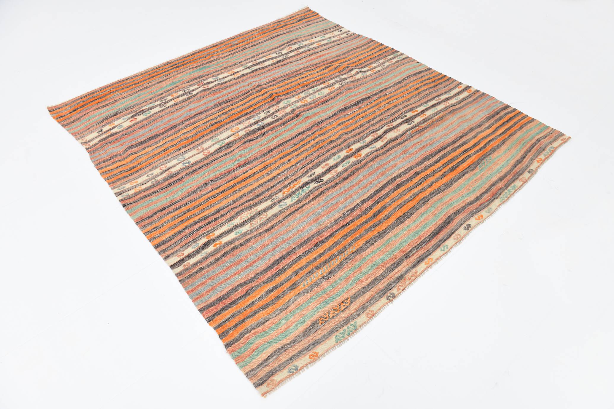 6x7 Pale Red Striped Vintage Kilim Rug, 201x227Cm