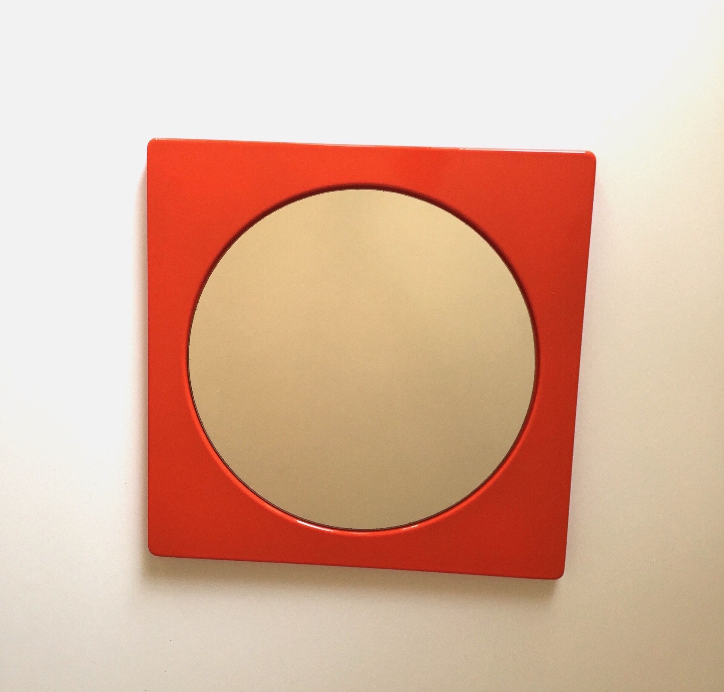 Vintage round mirror, enamelled metal square frame, 1970