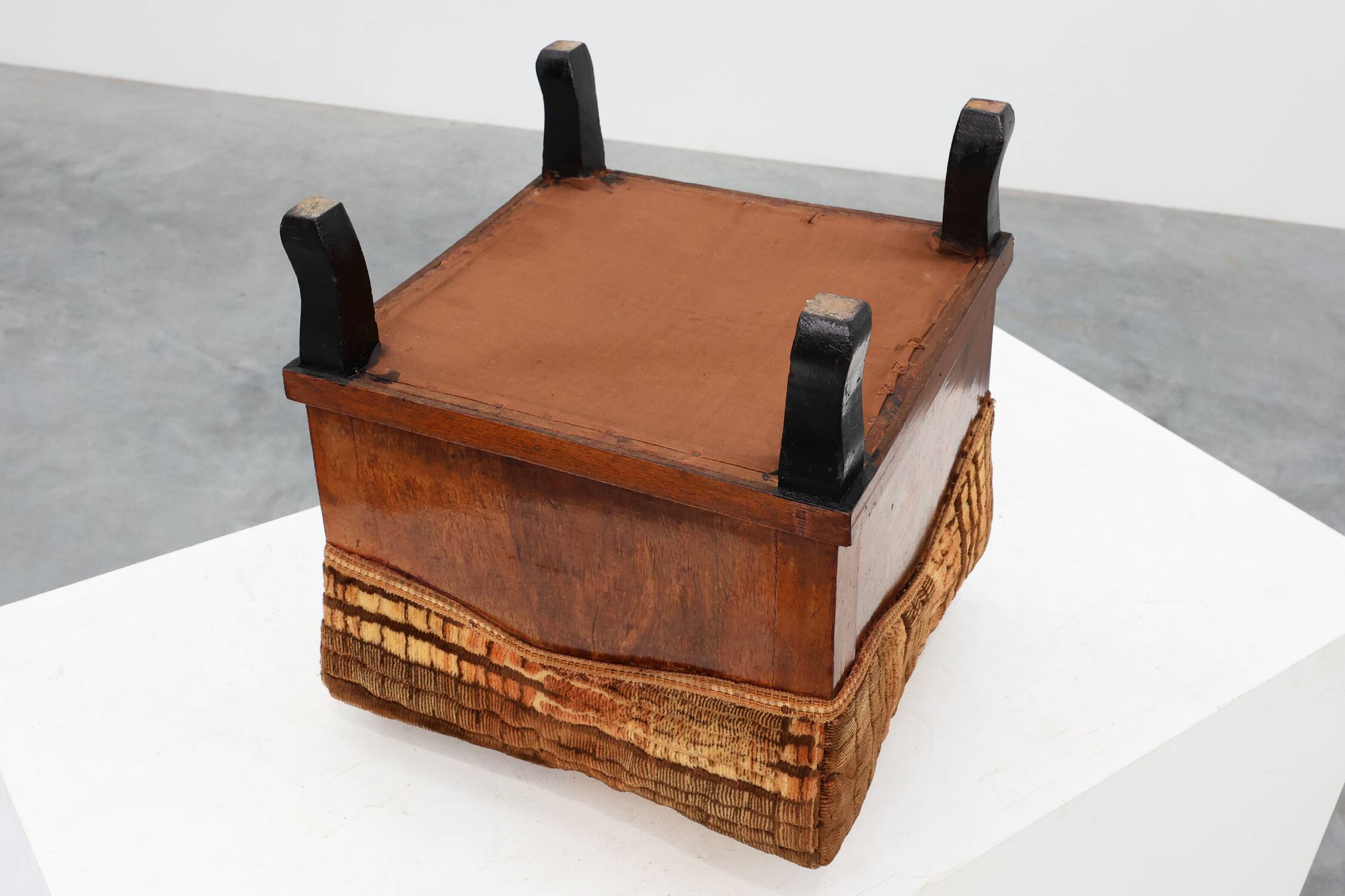 Art Deco walnut stool with original velvet upholstery, Italy 1920s