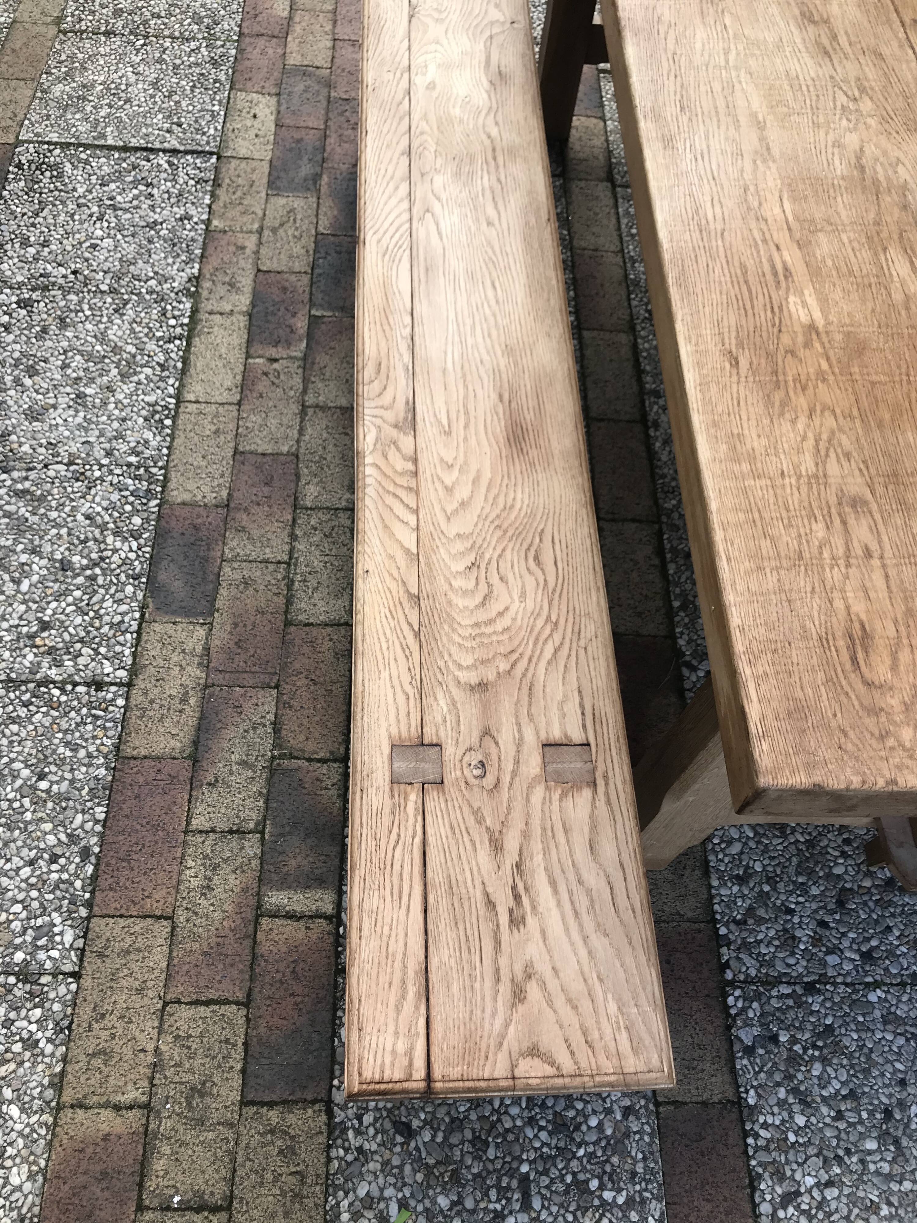 Farm table and two solid oak benches