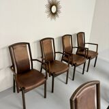Set of 8 wooden and thick leather armchairs, Girsberger design, 80s