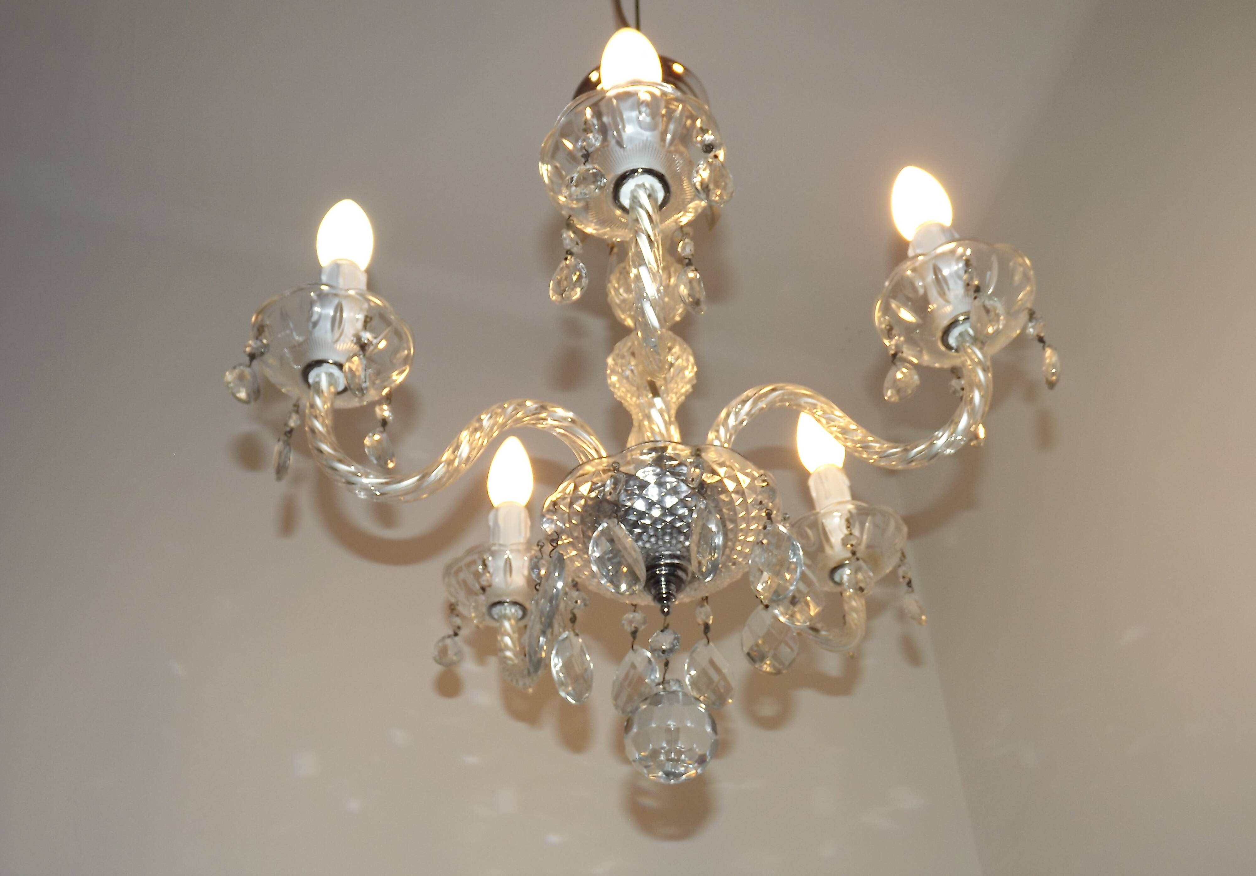 French Vintage  5 Light Barley Twist Glass and Crystal Chandelier