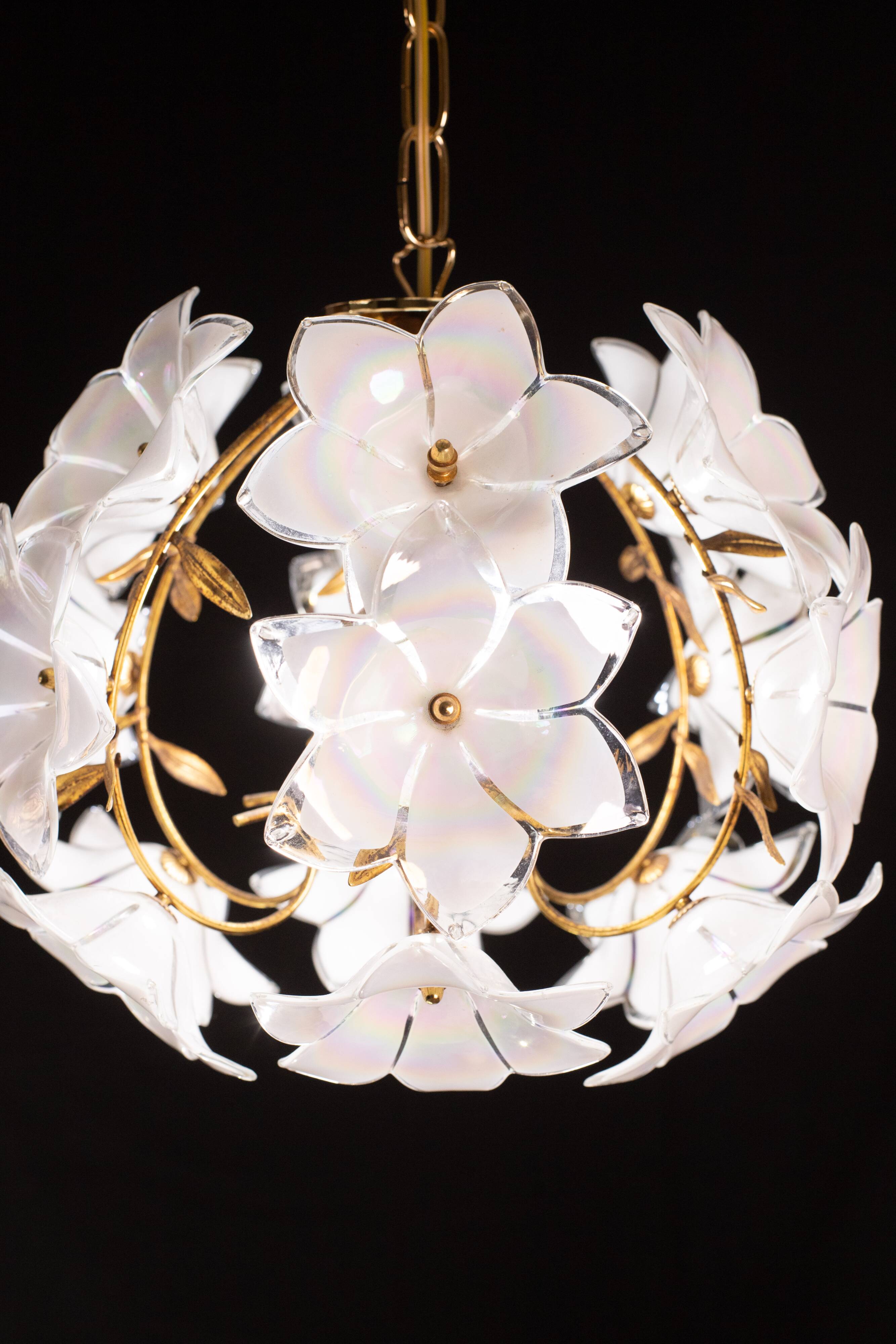 Set of 2 Murano Spherical Chandelier Full of White Flowers, 1980s