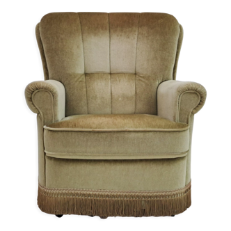 Danish velour armchair, original condition, beech wood, 80s