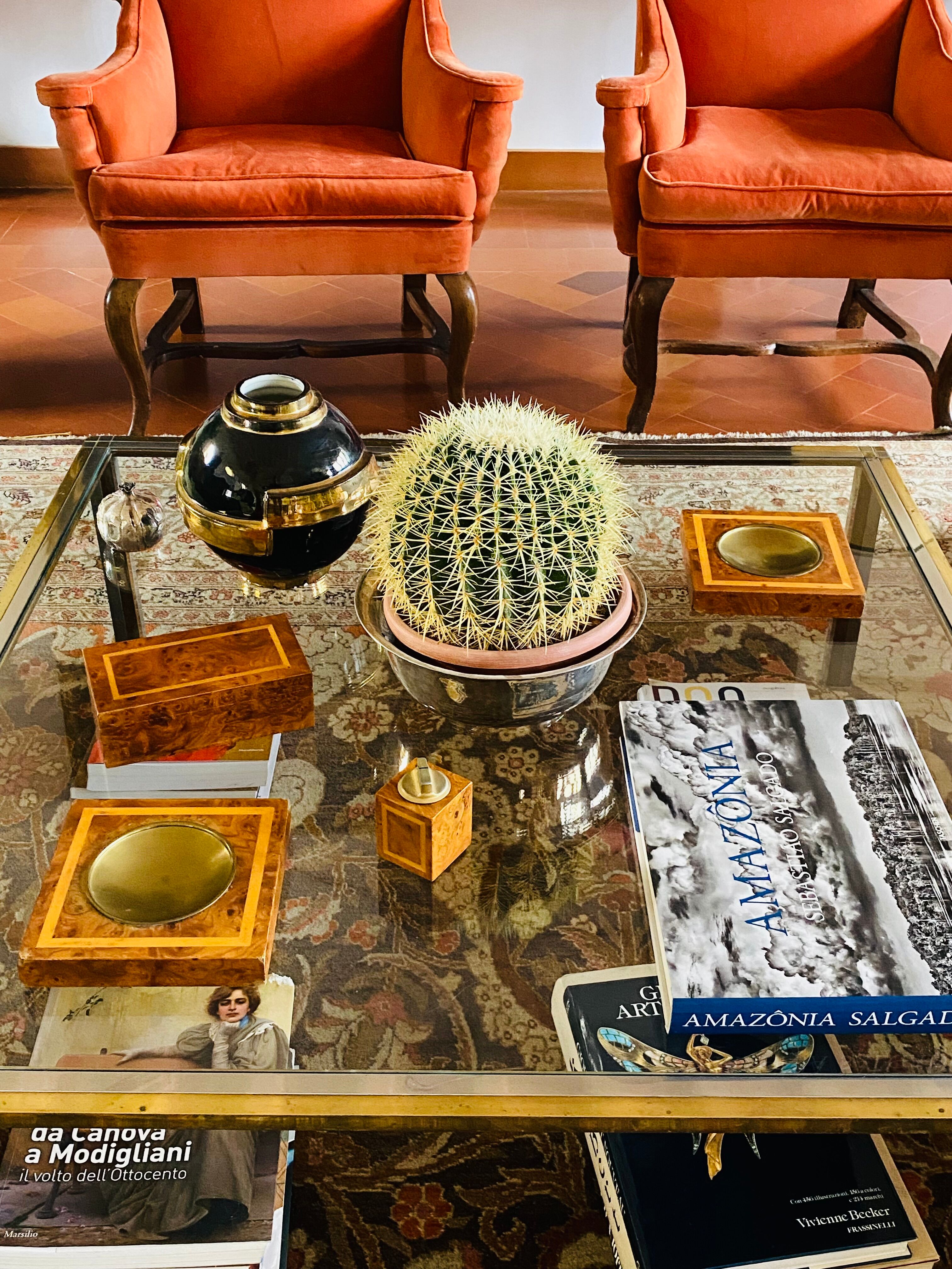 Smoking Set, brass and wood ashtrays, lighter and cigars box, Italy 1970