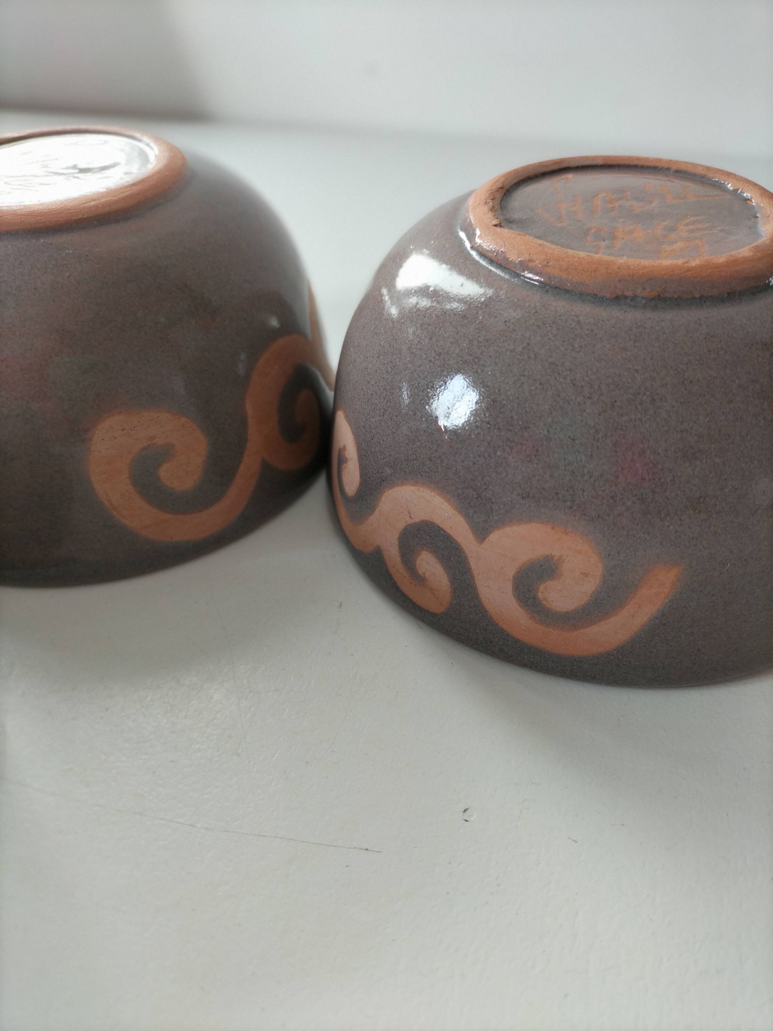 Set of 3 signed glazed stoneware bowls