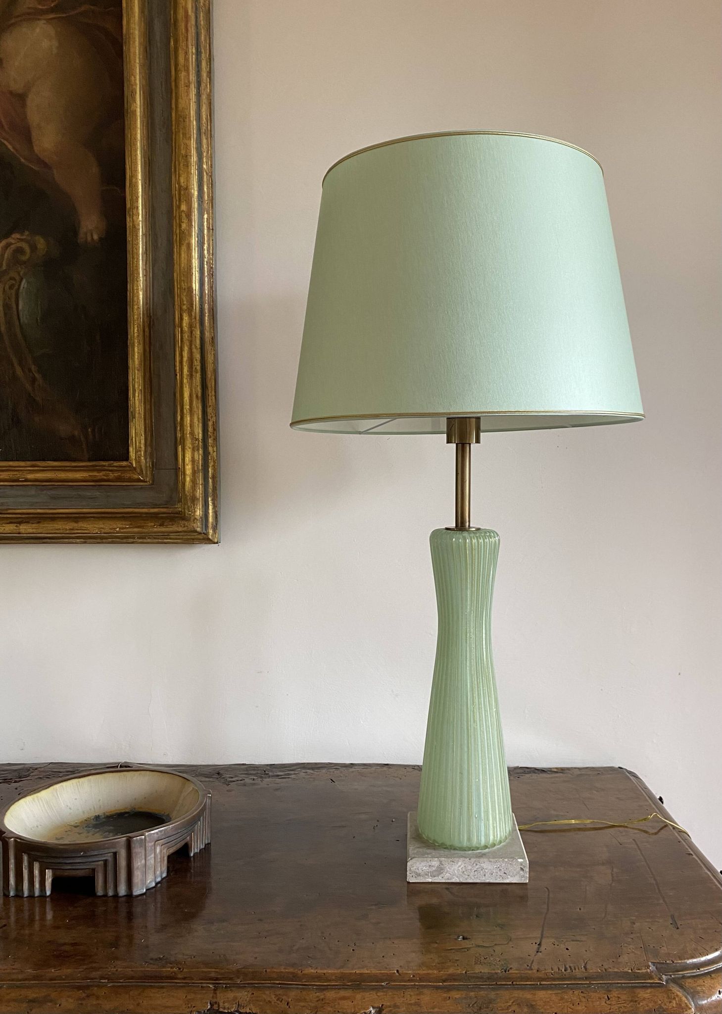 Mid-century modern green Murano glass Table lamp, Barovier & Toso style  Italy, 1940s