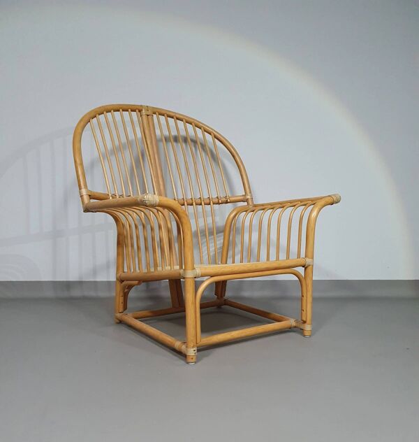 Chaise longue surdimensionnée en rotin/bambou avec coussins d'origine. Années 1970