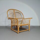 Chaise longue surdimensionnée en rotin/bambou avec coussins d'origine. Années 1970