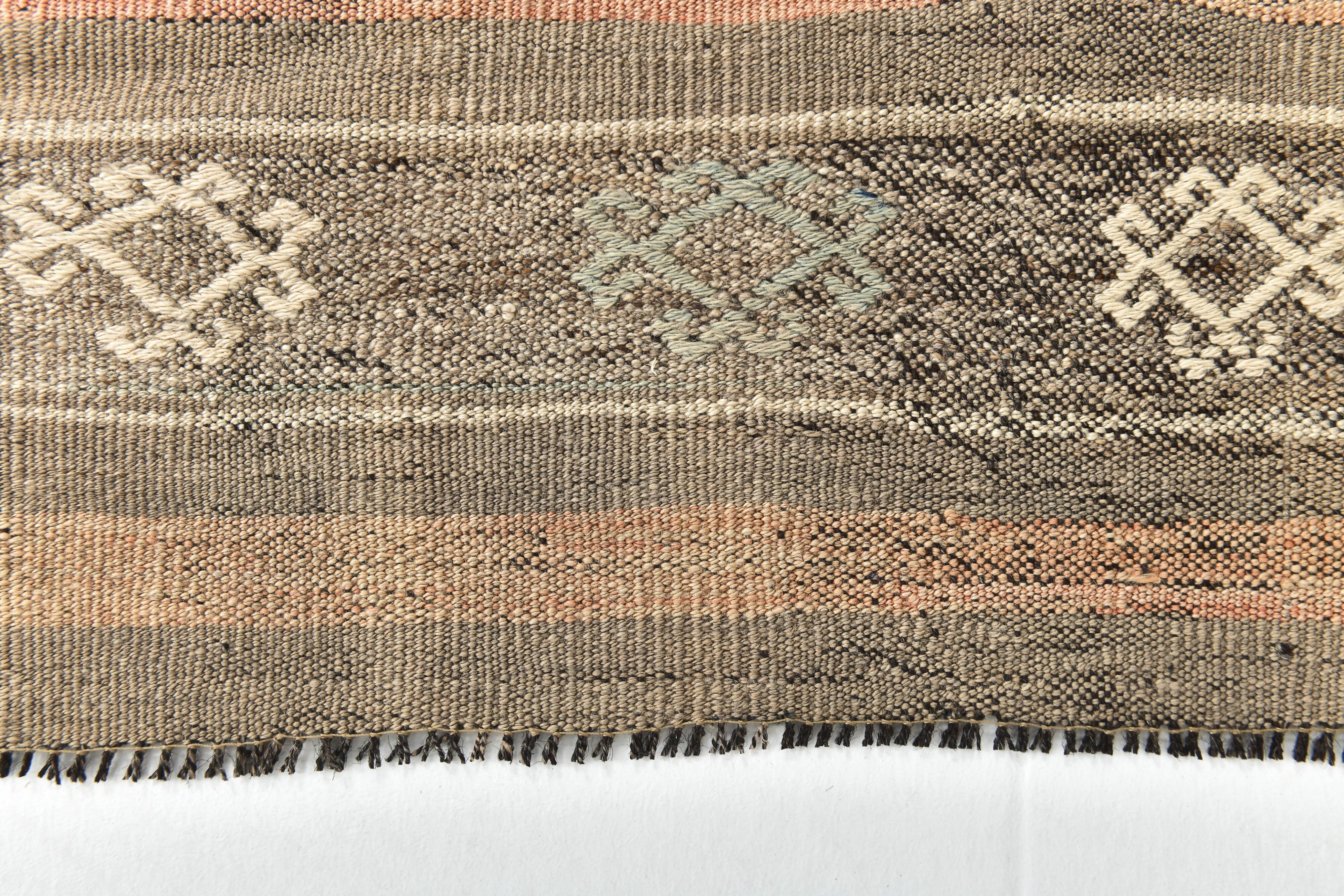 3x12 Brown Mustard Turkish Kilim Runner Rug 101x353Cm