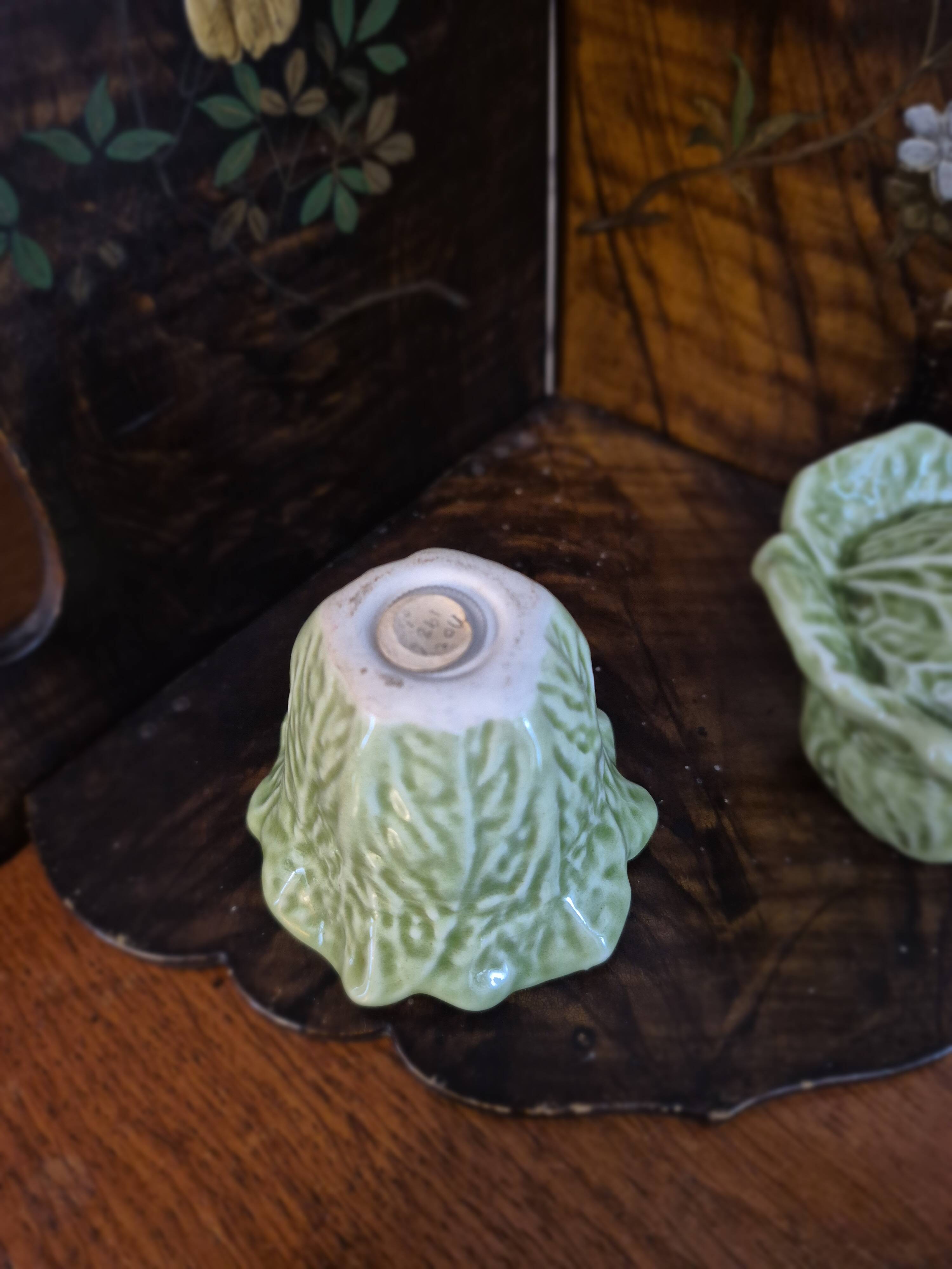 Vintage cabbage barbotine salt and pepper shaker duo