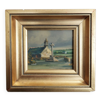 Miniature Breton landscape painting oil on cardboard signed Uslet