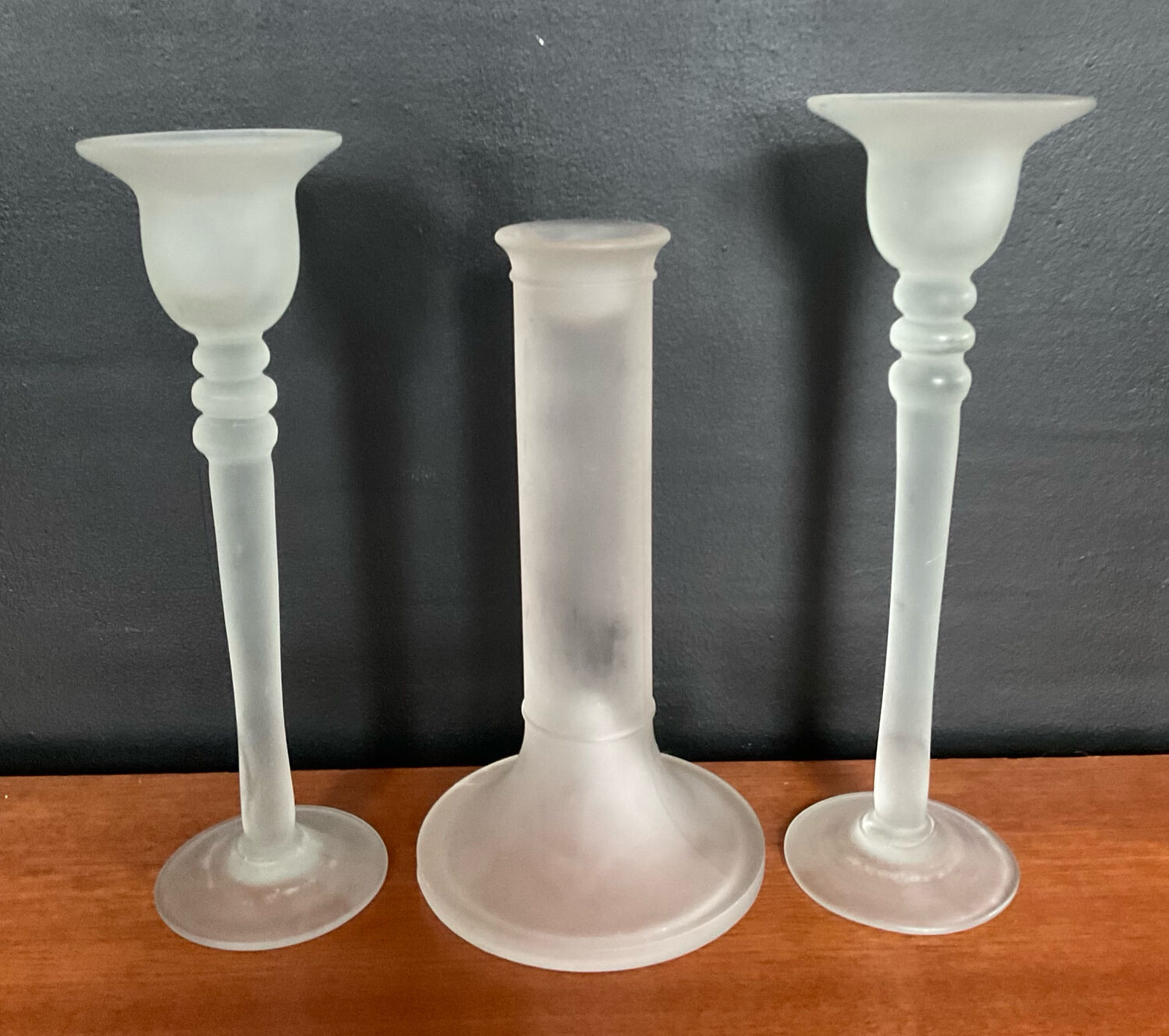 Vintage trio of frosted glass candle holders