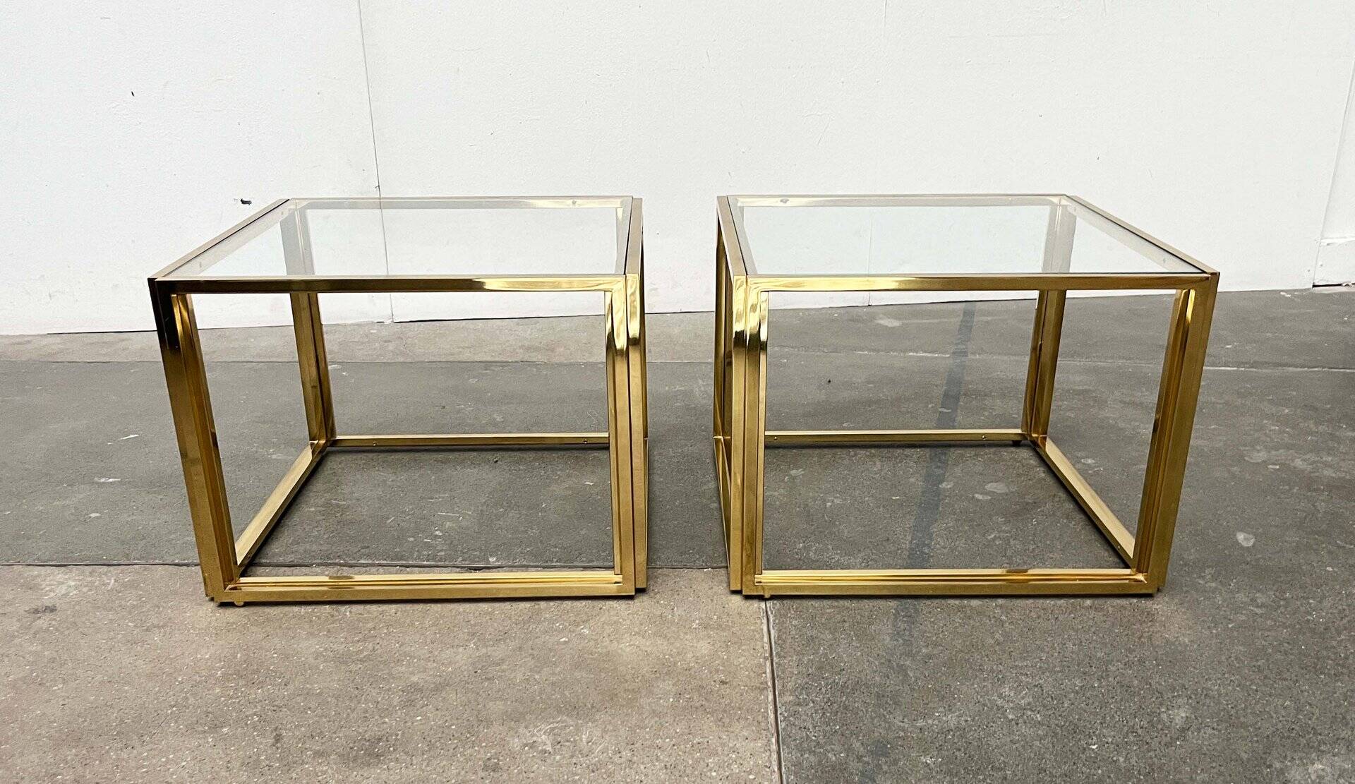 Cube side tables in brass and glass in the French Hollywood Regency style by Maison Charles, 1970s, set of 2.