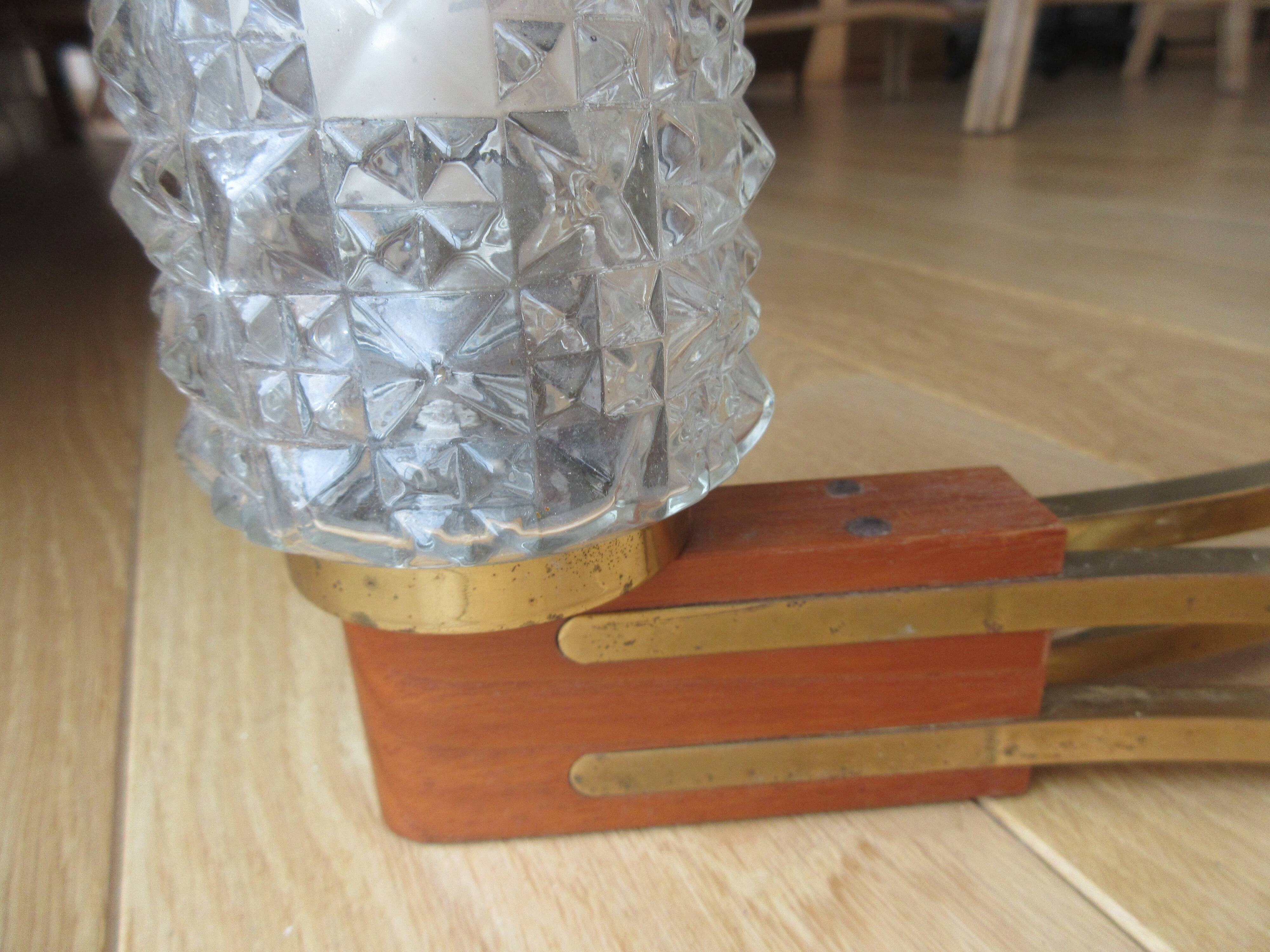 Set of 3-branched chandelier wood/brass/glass, 50-60s