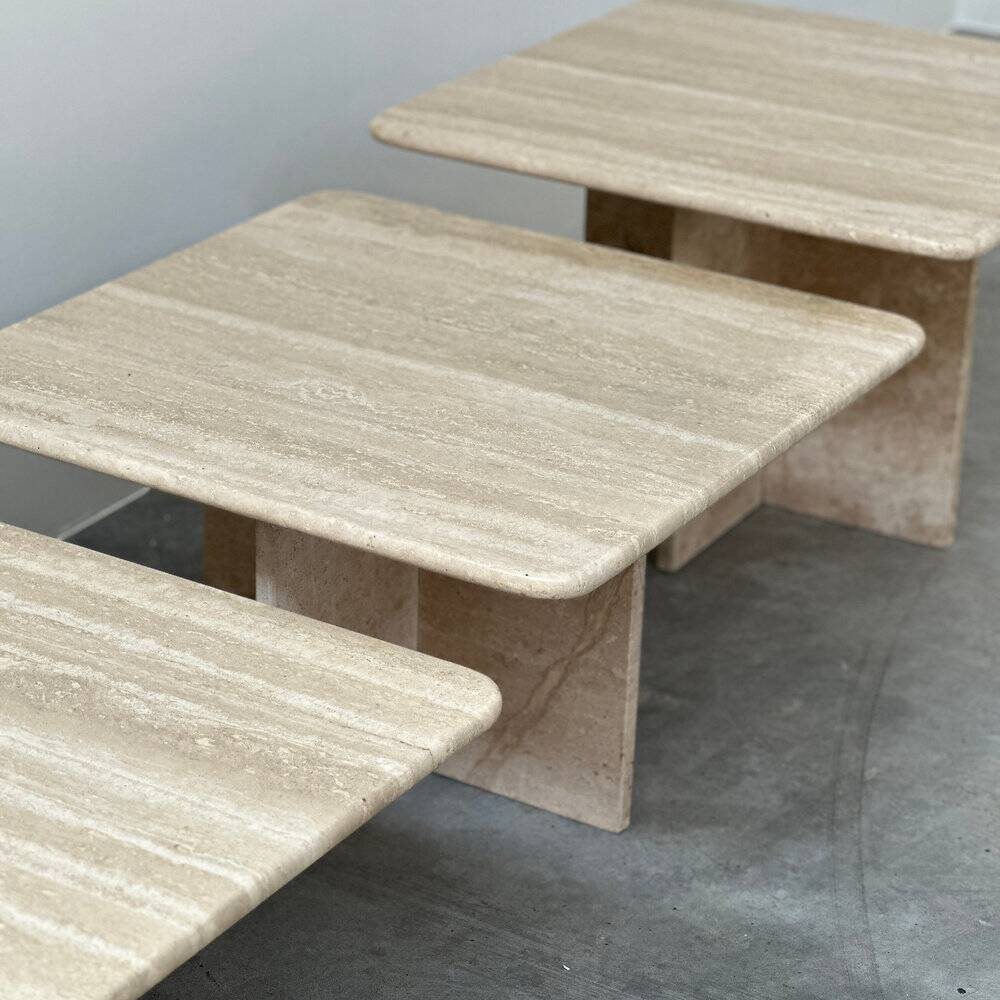 Set of three Italian travertine nesting / side tables, 1970s–1980s
