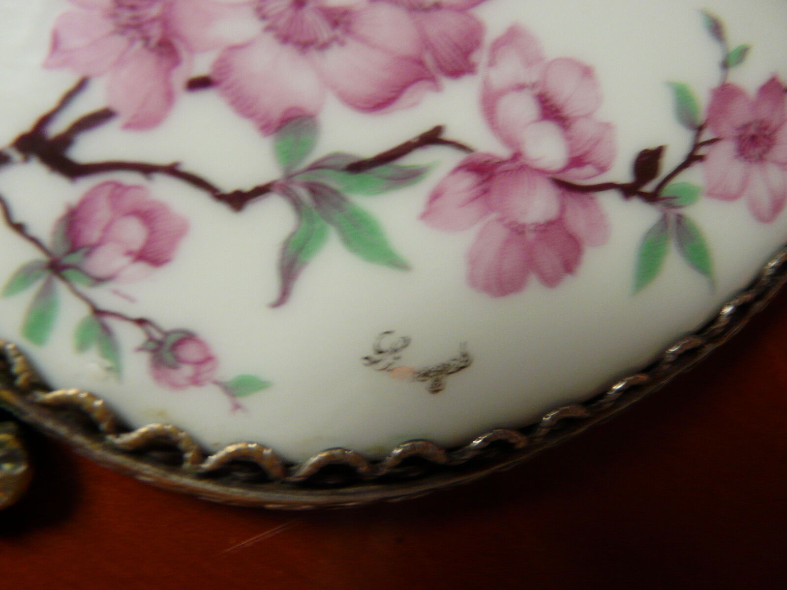 former silver bronze hand mirror - porcelain Limoges flower decoration