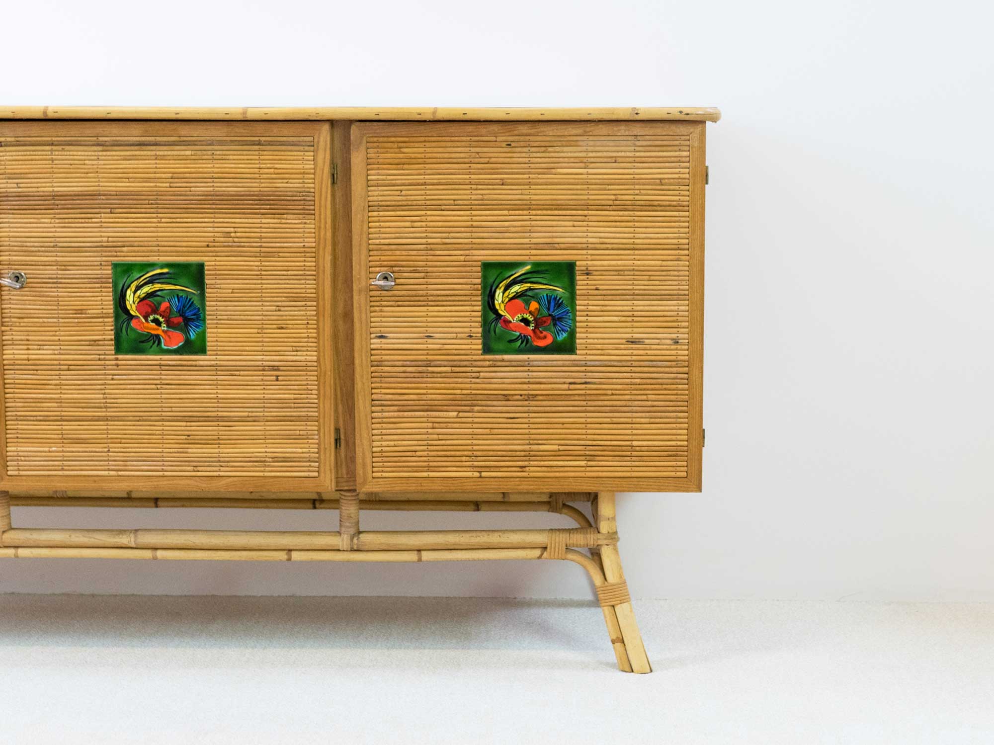 Rattan sideboard, Vallauris tiles, 1950s