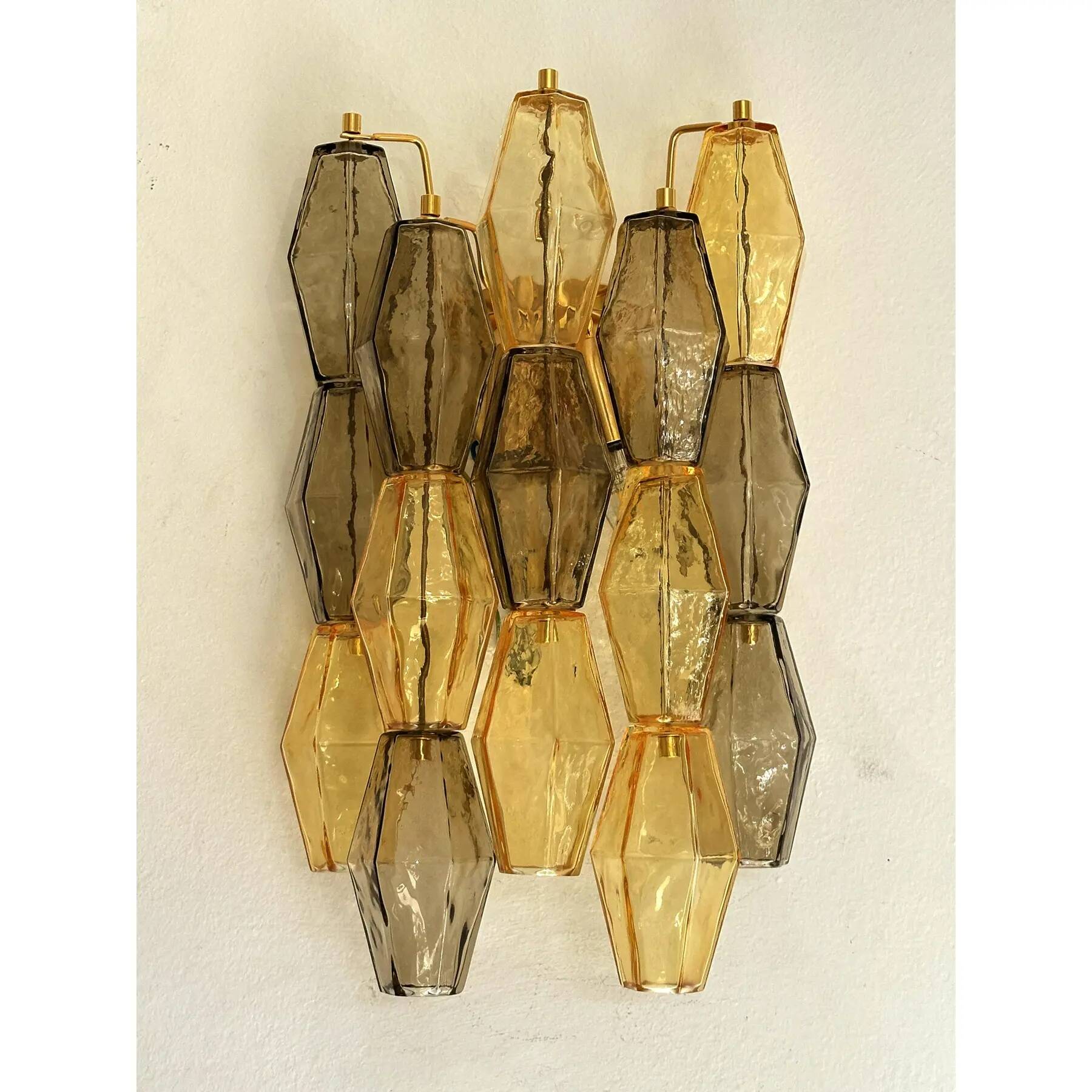 Contemporary Amber and Fumè “Poliedri” Murano Glass Wall Sconce in Venini S