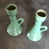 Pair of vintage table candle holders in green enameled ceramic