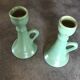 Pair of vintage table candle holders in green enameled ceramic