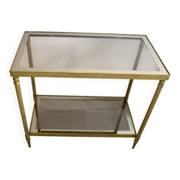 Side table, low table, gold brass, smoked glass, 70s.