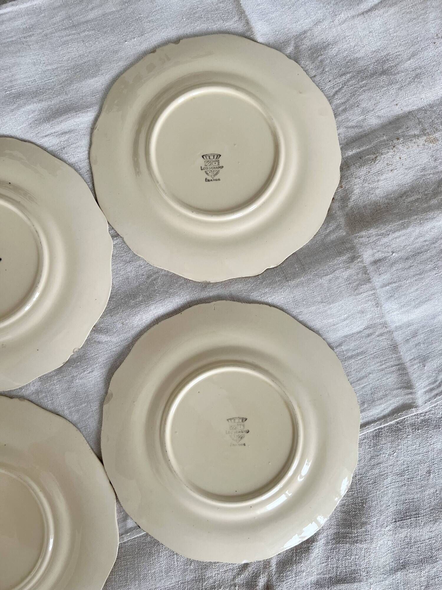 Set of 5 vintage earthenware flat plates stamped Longchamp beige color classic style