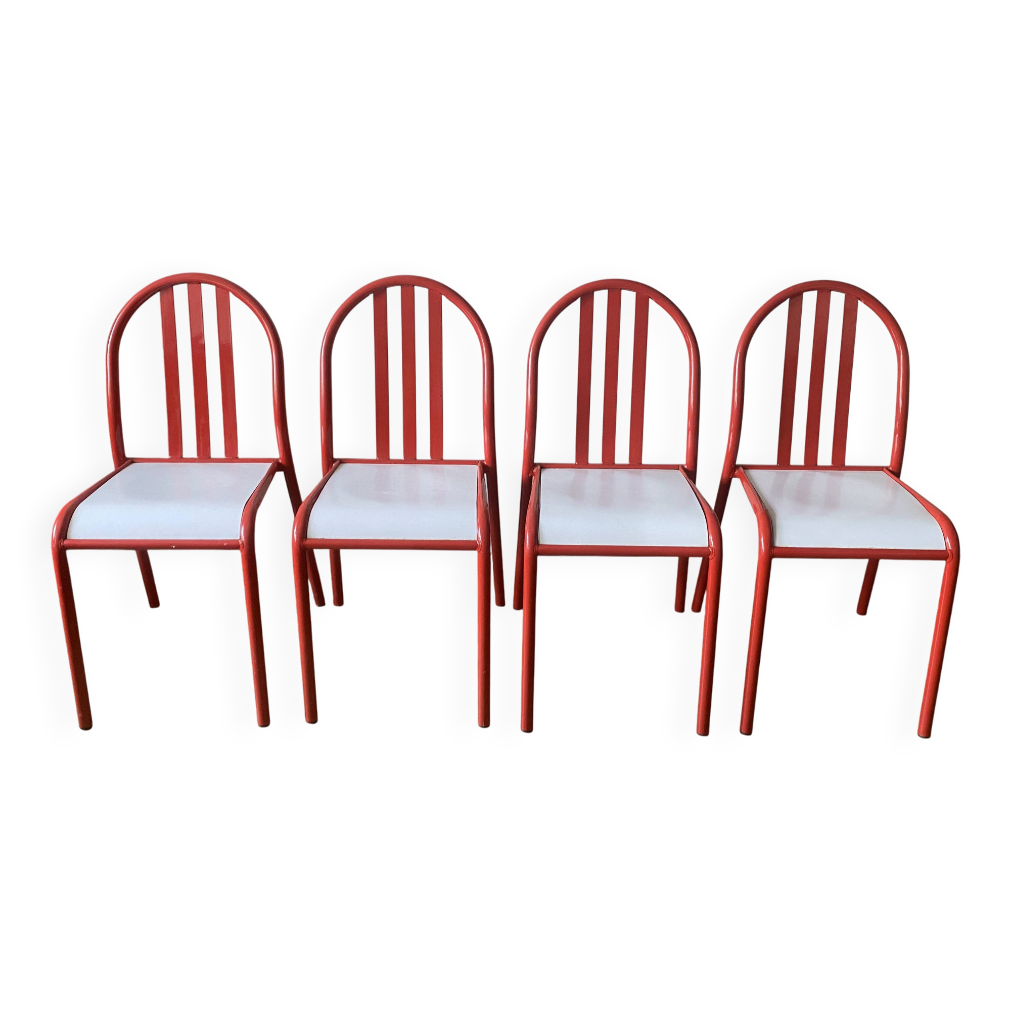 4 red metal chairs by Mallet-Stevens