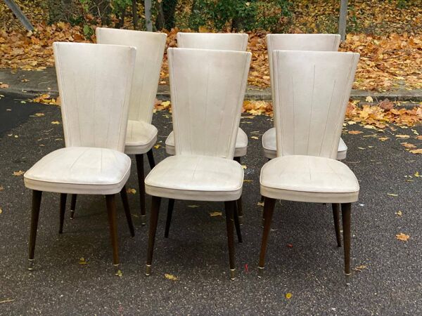 6 chaises vintage scandinaves bois massif et cuir beige 1960