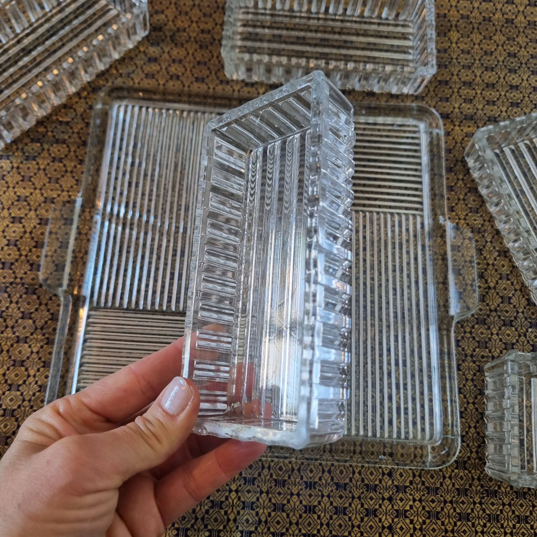 Large 6-piece aperitif tray in French molded rock crystal from the 50s and 60s