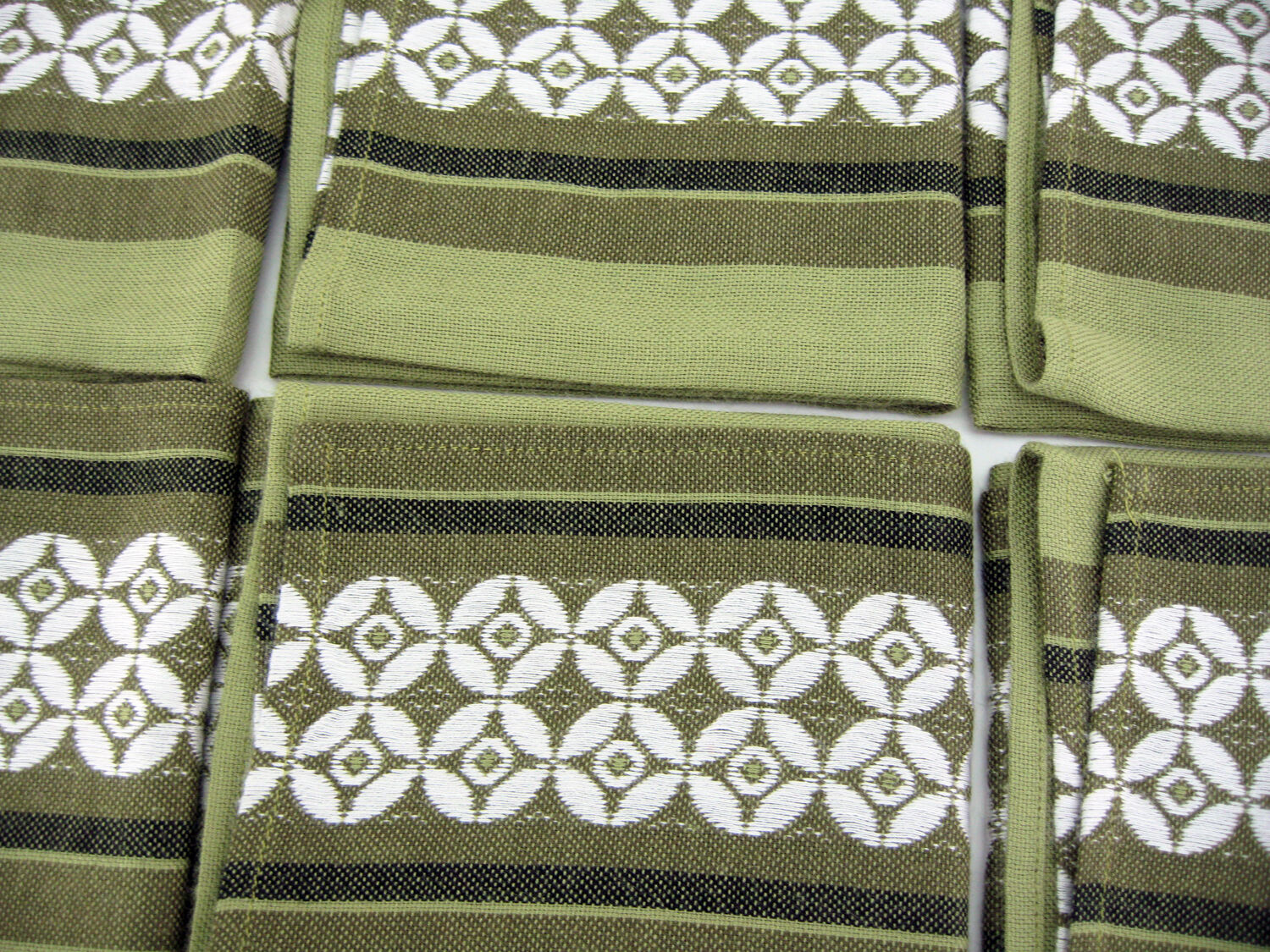 6 olive green Dralon napkins - white geometric patterns - vintage 60s