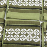 6 olive green Dralon napkins - white geometric patterns - vintage 60s