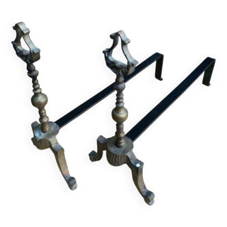 Pair of Antique Metal + Bronze Vintage Fireplace Andirons