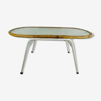 Table en rotin vintage et verre avec cadre en acier années 70