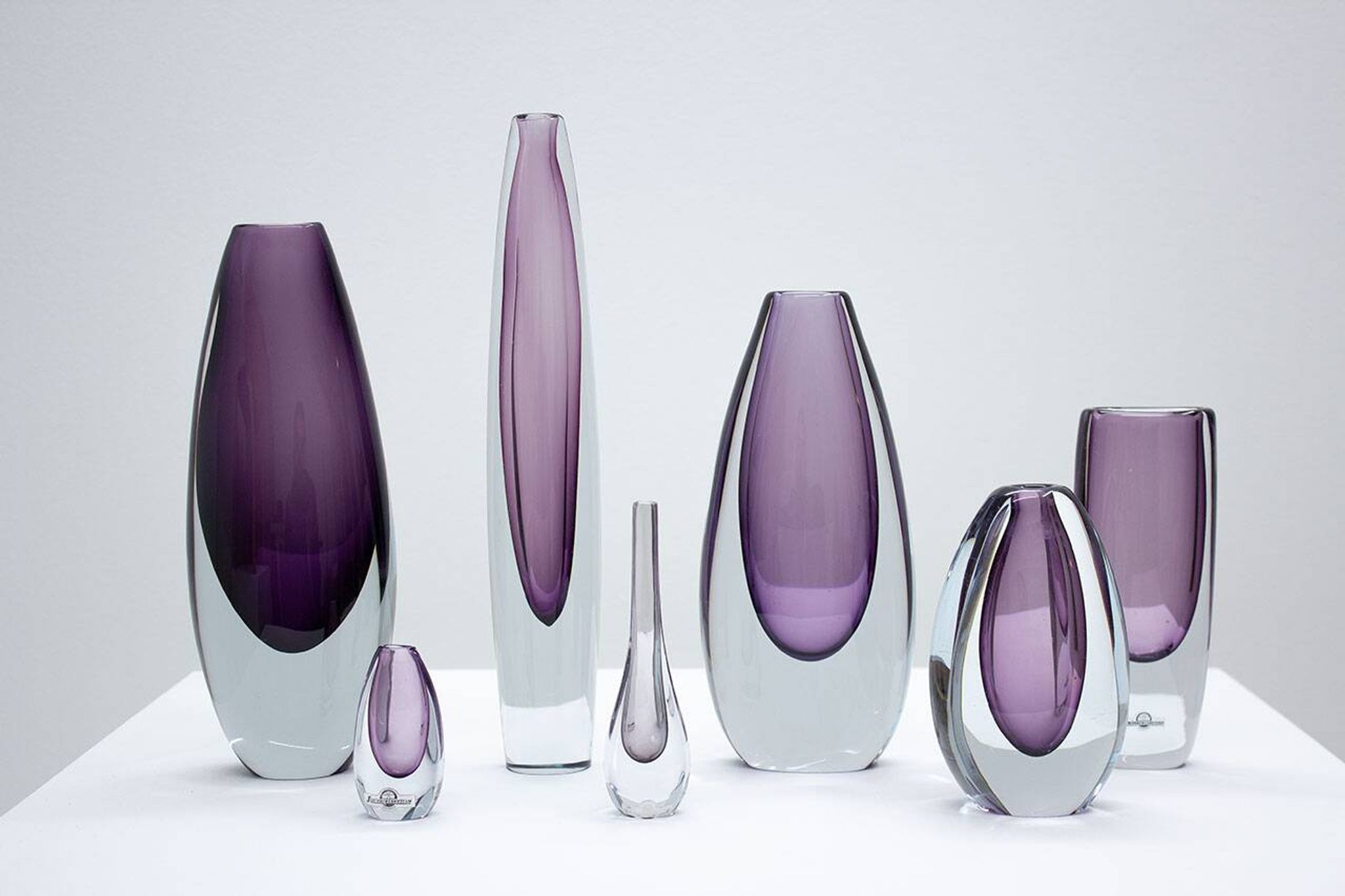 Group of 7 glass "Sommerso" vases by Strömbergshyttan, Sweden