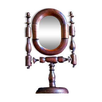 Ancien psyché miroir de table pivotant en bois tourné