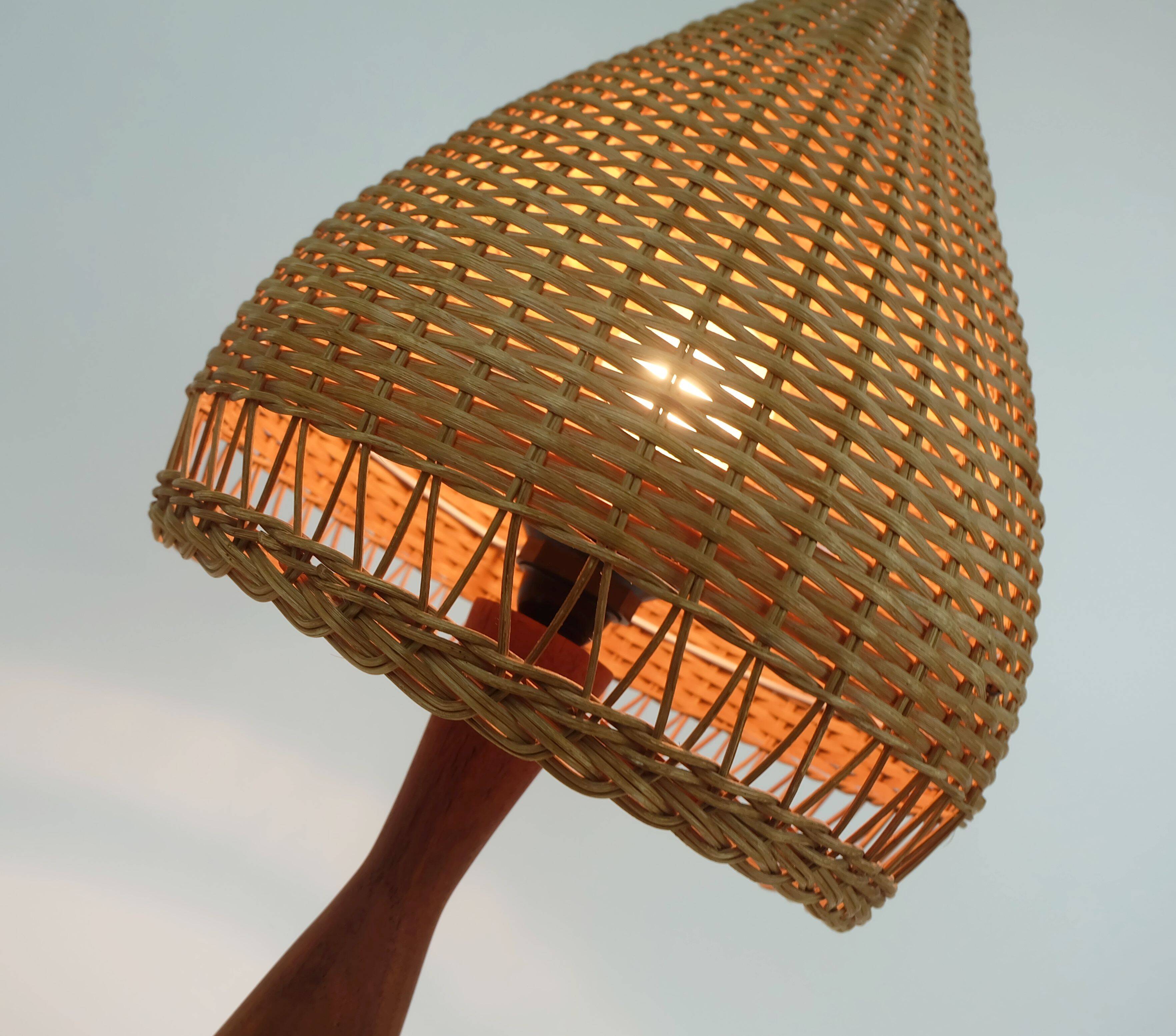 Danish modern table lamp teak and rattan 1960s mid century wicker light
