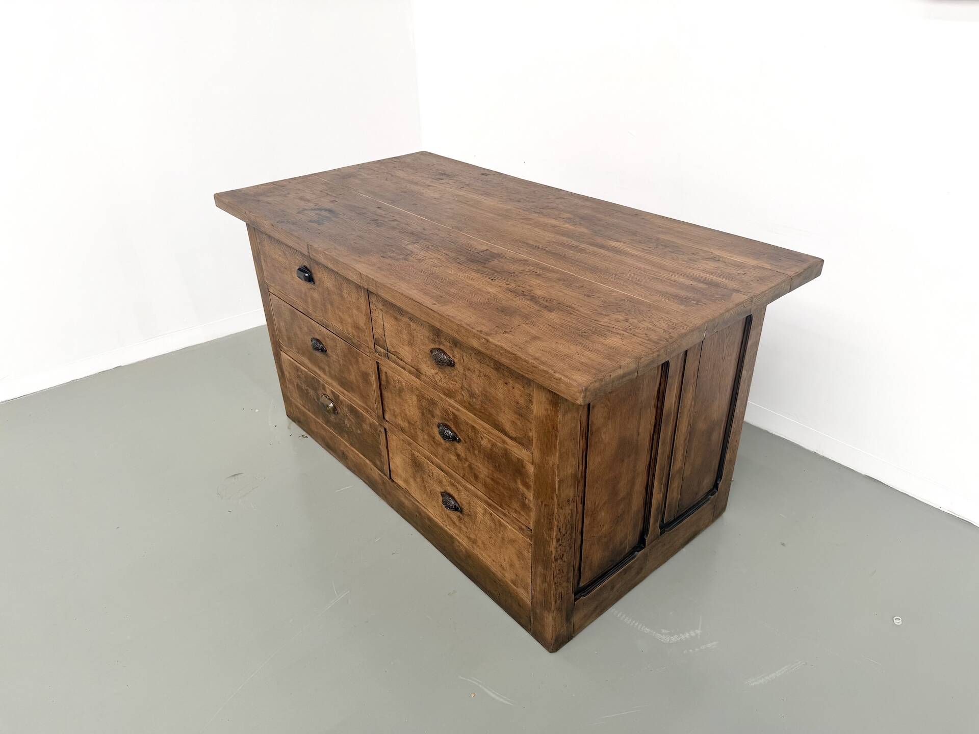 Solid oak trade counter, six drawers, France, circa 1920.